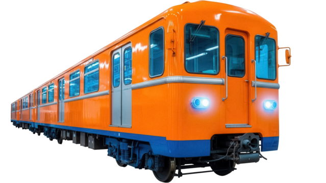Orange vintage subway train PNG isolated on transparent background, classic metro vehicle for transportation and urban transit design