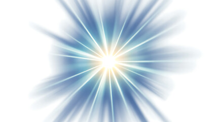 Bright blue and yellow light burst with radiant rays, creating a dynamic star effect, isolated on white background