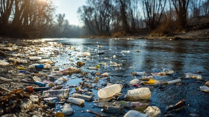 Plastic Debris in River Water with Bare Trees