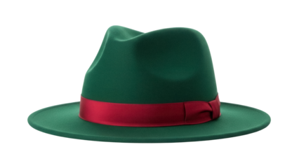 Emerald green fedora hat with red ribbon isolated PNG, stylish headwear for fashion accessory and vintage clothing design