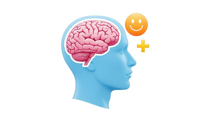 Fototapeta premium Human head with brain isolated PNG on transparent background, positive thinking and mental health concept for design and creative projects
