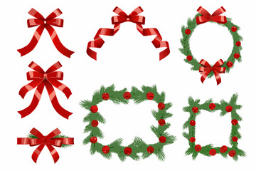 Christmas wreaths and red bows decoration elements