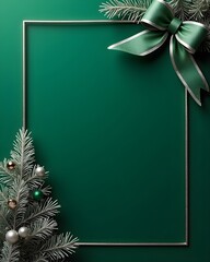 Elegant Green Christmas Frame with Pine Branches & Satin Ribbon Bow – Holiday Background Design