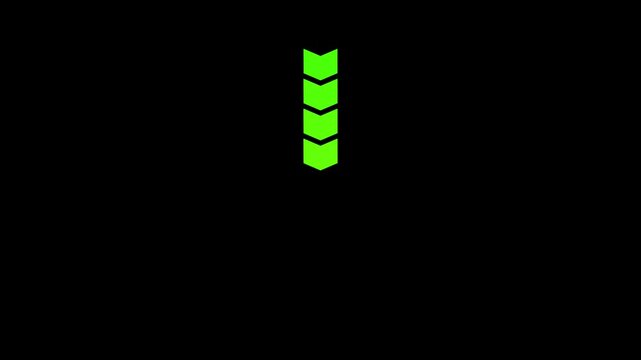 Green arrow moving down on black background, downward arrow animation, direction and navigation symbol, progress indicator, workflow movement icon