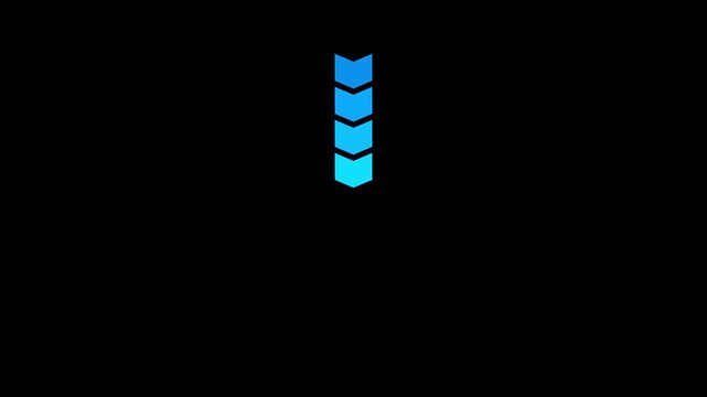 Cyan arrow moving down on black background, downward arrow animation, direction and navigation symbol, progress indicator, workflow movement icon