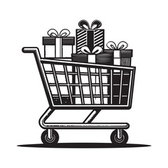 Shopping Cart Full of Gift Boxes Silhouette ? Vector Style Black and White Illustration (3).eps