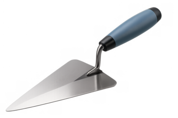 Masonry trowel with blue handle placed on a transparent background, ready for builders constructing walls or plastering surfaces