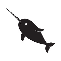 Solid Black Narwhal Silhouette with Spiral Tusk on White Background (3).eps