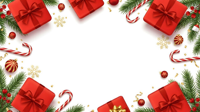 Festive christmas frame with red gifts candy canes and evergreen branches on white