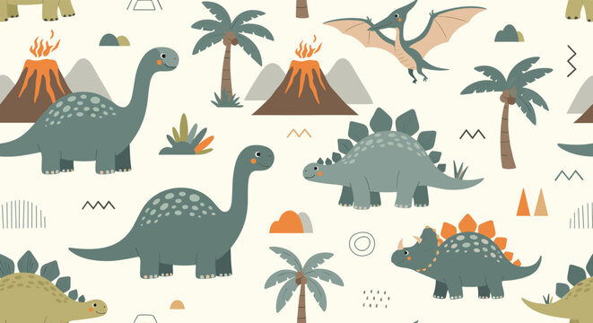 Seamless pattern for children featuring cute cartoon dinosaurs in a prehistoric landscape with volcanoes and tropical palm trees.