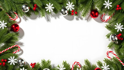 Festive christmas frame with ornaments candy canes and evergreen branches on white