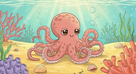 Cartoon Octopus Underwater with Coral and Shells
