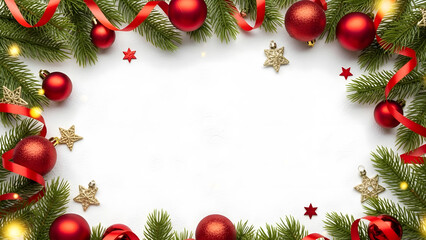 Festive christmas frame with red ornaments green fir branches and golden decorations on white