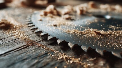 Circular Saw Blade Resting on Rough Wooden Table with Fresh Wood Shavings