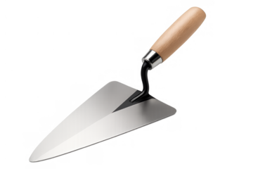 Mason's trowel with wooden handle, construction tool for building and applying cement, transparent background