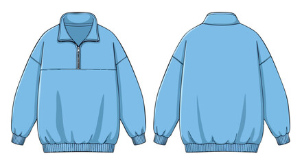 Technical blueprint of a light blue oversized half-zip sweatshirt, presented from both the front and back views, showcasing garment design details