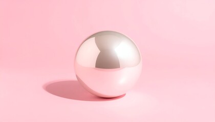 A reflective sphere with a silvery hue sits on a soft pink background, casting a shadow