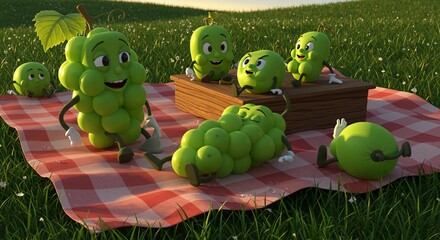 Cartoon Grapes Picnic in Grass