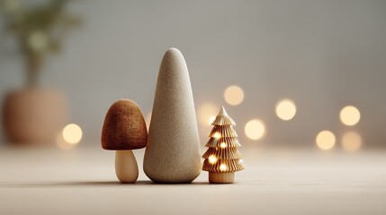 Minimalist christmas display with a mushroom, abstract cone, and illuminated wooden tree