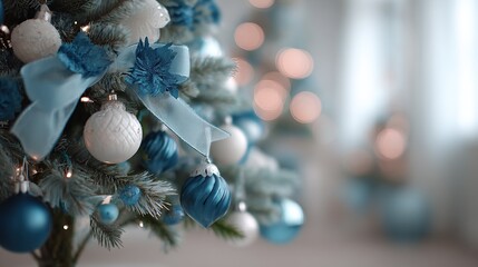 A beautifully decorated christmas tree with blue and white ornaments and soft lights