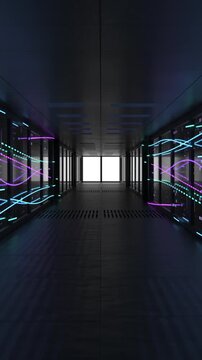 Fast zoom across the server room, revealing bright data lines that stretch from wall to wall and between rows of server blocks. 3D Render vertical animation