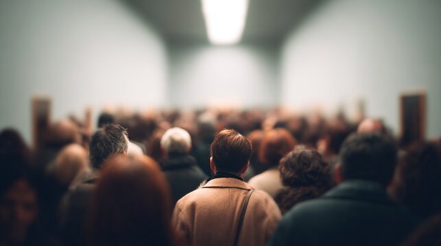 People gathered in a large room, looking towards a bright light in the distance