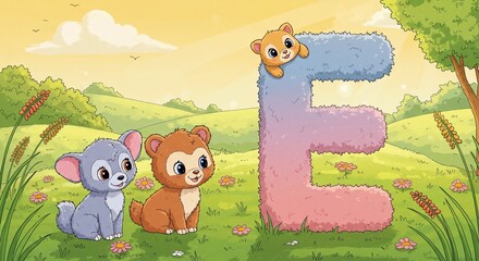 Cartoon Animals with Letter E in Nature