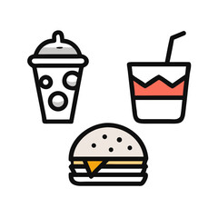 Simple flat design icons of fast food and drinks