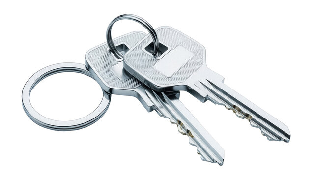 Two silver metal keys on a keyring isolated PNG, security and access concept for design elements on transparent background
