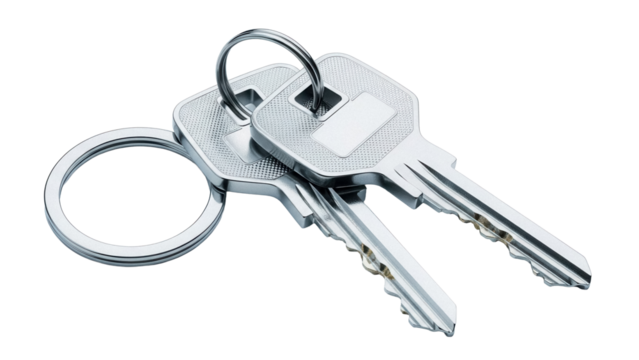 Two silver metal keys on a keyring isolated PNG, security and access concept for design elements on transparent background