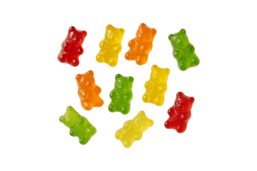 A colorful assortment of gummy bears in red, yellow, green, and orange. Isolated on Transparent Background