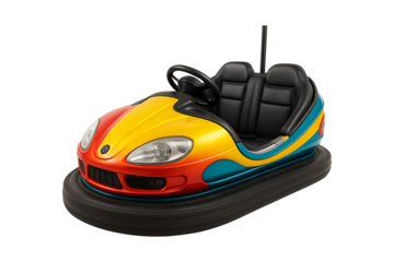 A colorful bumper car with a red, yellow, and blue design. Isolated on Transparent Background