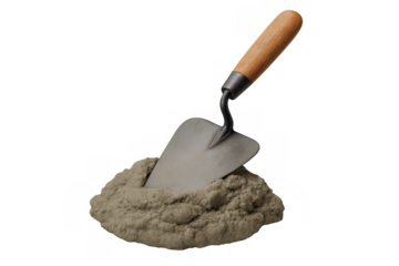 Trowel inserting into wet cement mix pile, essential tool for masonry, construction, and building work, transparent background