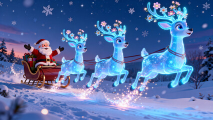 Cartoon illustration of a reindeer pulling a sleigh while Santa Claus sits on top.
