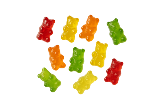 A colorful assortment of gummy bears in red, yellow, green, and orange. Isolated on Transparent Background