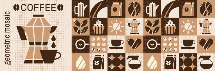 Abstract  cafe pattern with bakery cake food and coffee mosaic design. © Alyona_Uvarova