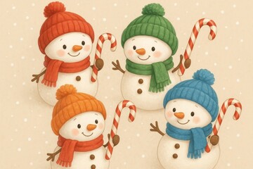 Fototapeta premium Cute snowmen with candy canes background