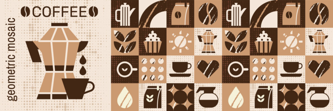 Abstract  cafe pattern with bakery cake food and coffee mosaic design.
