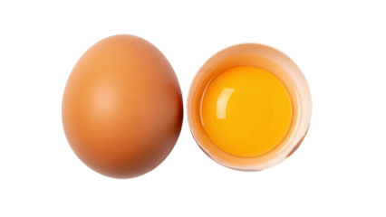 Brown chicken egg and cracked egg with yolk isolated PNG, healthy food ingredient for cooking and baking on transparent background
