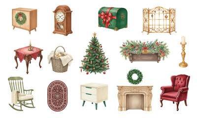 Obraz premium Cozy Vintage Christmas Interior Furniture and Home Decor Set