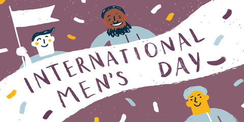 Cheerful illustration celebrating international men's day with diverse characters and confetti