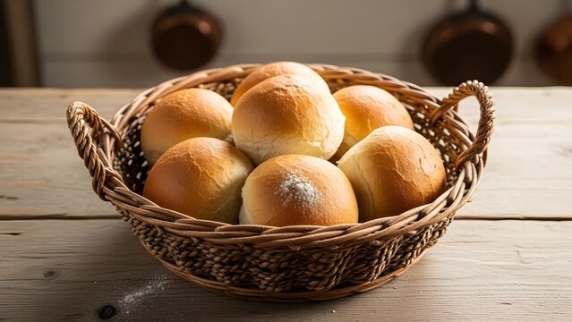 Freshly baked bread rolls in rustic basket on wooden table, perfect for bakery promotion or cozy food blogs, evoking warmth and homemade goodness