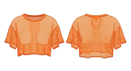 Vibrant orange net crop top: A modern fashion illustration with front and back views, perfect for showcasing trendy apparel designs and stylish