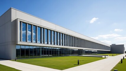 Obraz premium Modern Corporate Building Facade with Large Windows and Green Lawn