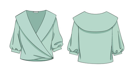 Illustration of a light green wrap blouse with a large collar, showcasing both the front and back design in a minimalist style