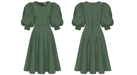 Elegant A-line Midi Dress Illustration with Voluminous Sleeves and Gathered Skirt on White Background