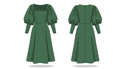 Elegant emerald dress illustration with puffed sleeves, front and back views revealing design details for apparel fashion