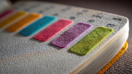 Close-up of a book with bright color-coded sticky tabs marking the pages. Concept Close-Up Photography, Colorful Sticky Tabs, Marked Pages, Book Detail Shot, Study Aesthetics
