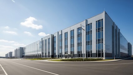 Spacious modern industrial building exterior with sleek design and large windows, reflecting contemporary architecture for logistics and commercial operations under a bright sky