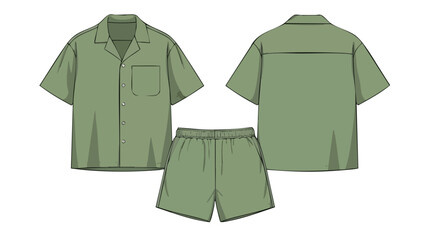 Green short-sleeve shirt and short pajama set showcases fashion design illustration for clothing